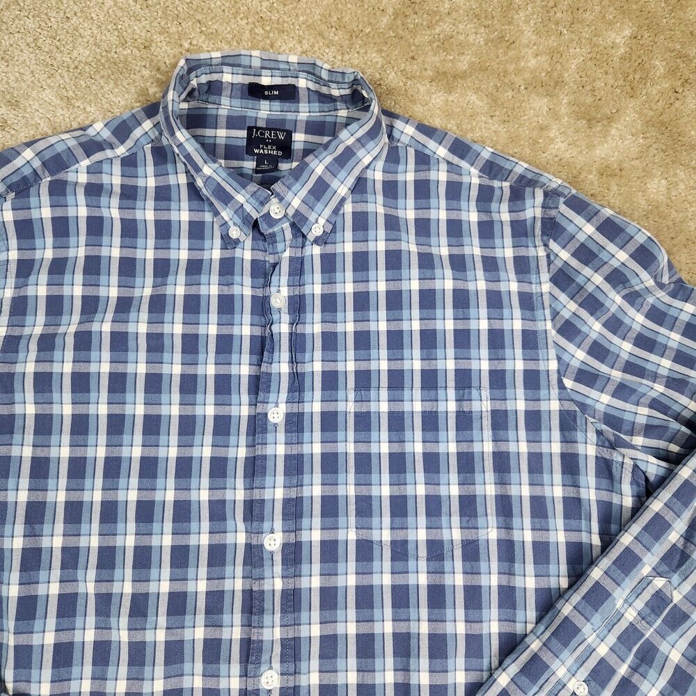 J Crew Shirt Mens L White Blue Plaid Check Flex Wash Button Up Slim A873